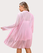 Pink sheer lace robe with lace-trim sleeves and draped back panel