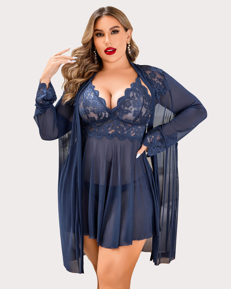 Navy lace babydoll lingerie set with V-neck bodice and long sheer robe