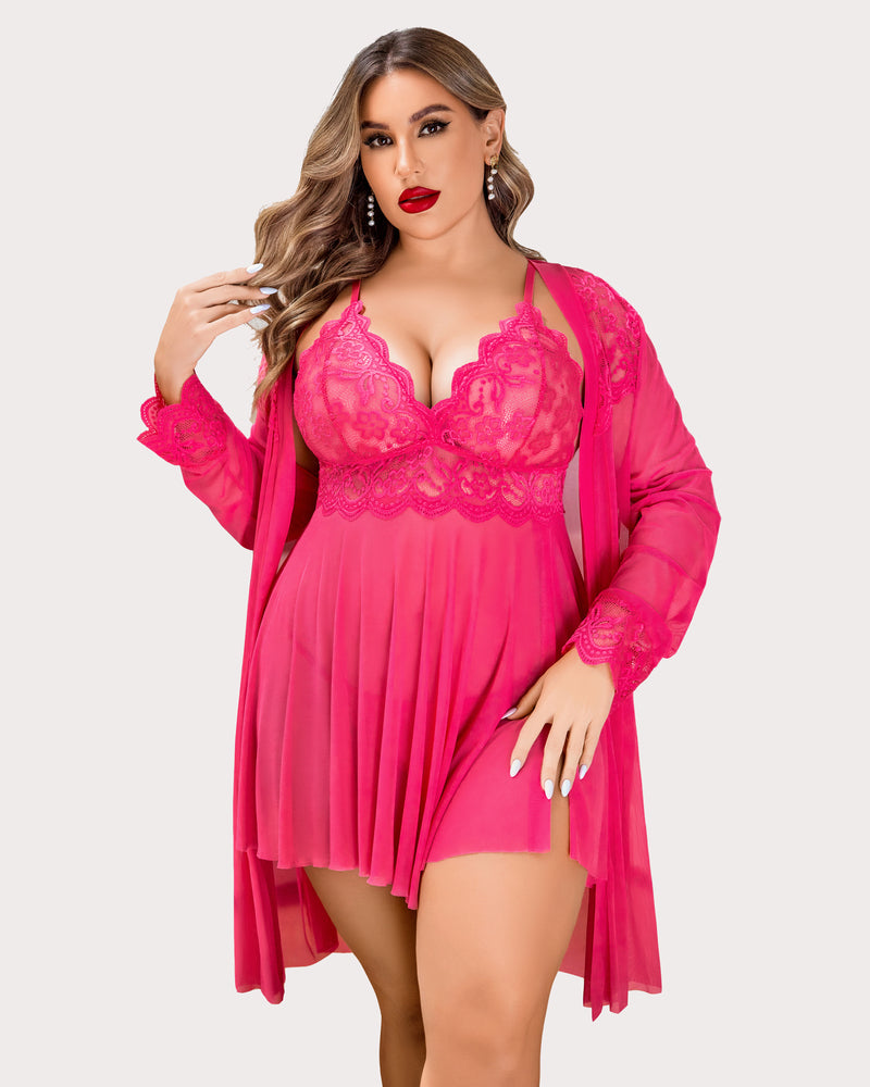 Hot pink lace babydoll lingerie set with deep V neckline and matching sheer robe