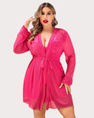 Hot pink lace wrap babydoll with tie belt, deep V neck, and long sheer sleeves