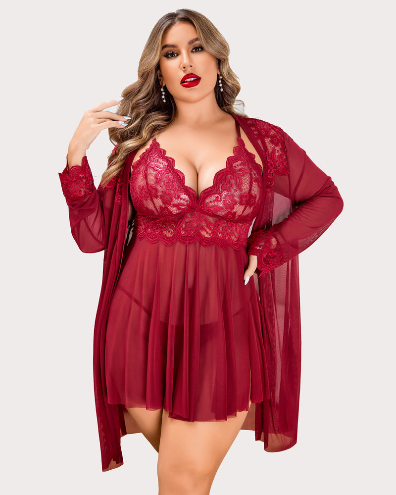 Burgundy lace babydoll with sheer long robe, V-neck bust, pleated sheer skirt