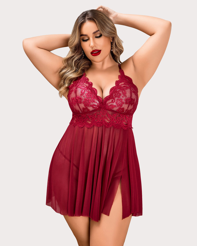 Wine-red lace babydoll chemise with scalloped V-neck, pleated sheer skirt