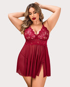 Wine-red lace babydoll chemise with scalloped V-neck, pleated sheer skirt