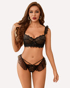 Black polka dot mesh bra and lace panty set, underwire style, scalloped edges