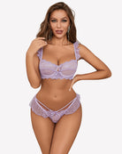 Light purple polka dot mesh bra and lace panty set with underwire cups