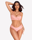 Pink lace bra and panty set with underwire cups and scalloped lace briefs