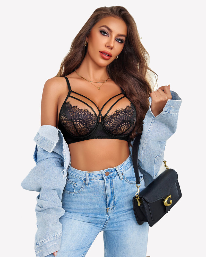 Lace bra and panty set, black, underwired cups with lace overlay