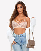 Lace bra and panty set, champagne, balconette bra with sheer lace cups