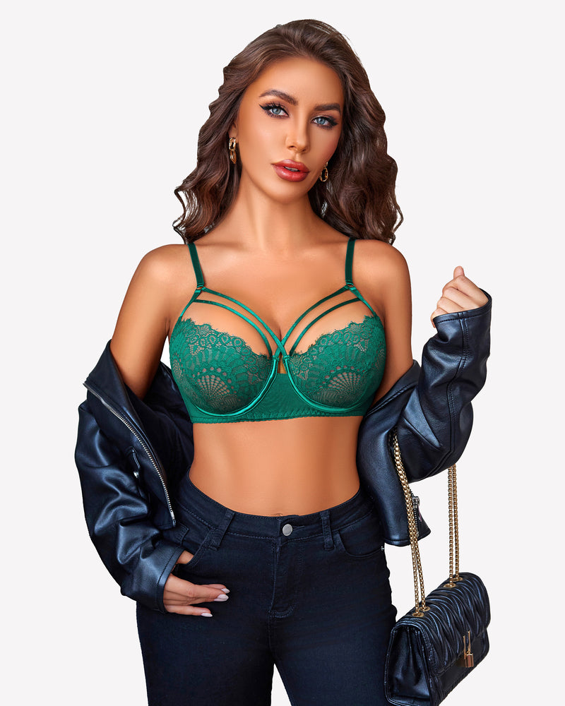 Lace bra and panty set, green, lace cups with scalloped trim and matching briefs
