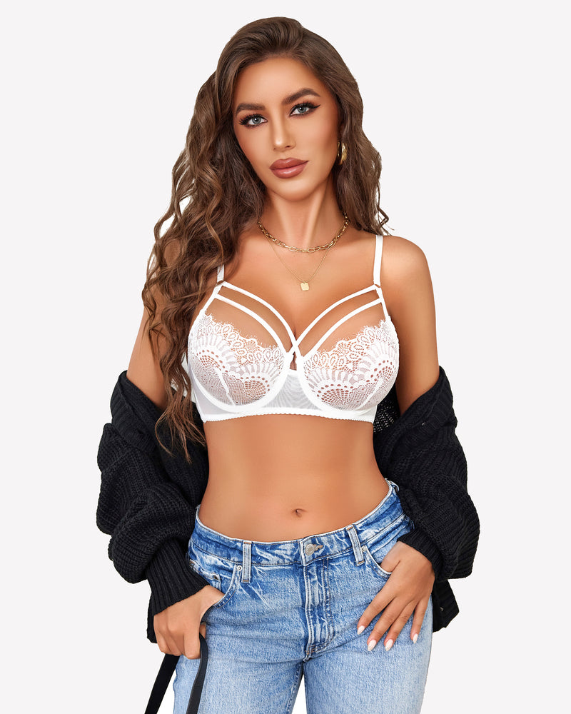 White lace bra and panty set with lace cups and matching lace-trim briefs