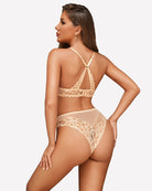 Back view: champagne lace bra and panty set with lace straps and seams