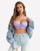 Lilac lace underwire bra and matching panty set, scalloped edges
