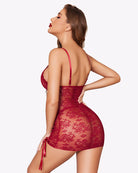 Wine red floral lace babydoll nightgown, back view with thin straps and lace pattern