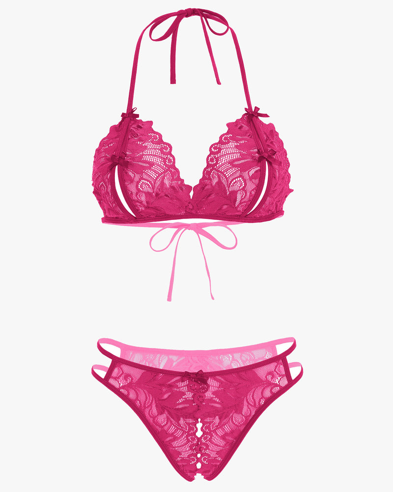 Lace halter bra and matching panty set, bright pink, tie-back straps
