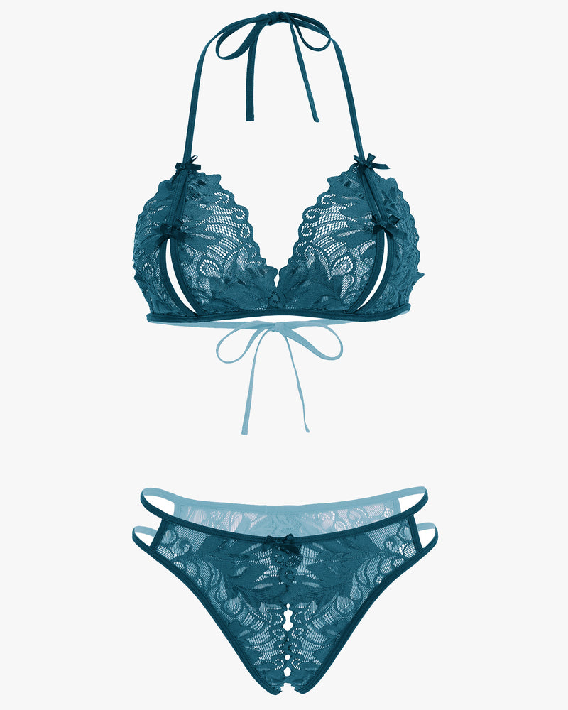 Lace halter bra and matching panty set, teal/blue-green, bow-tie straps