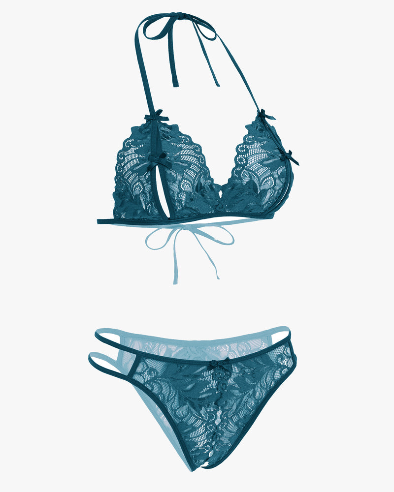 Lace halter bra and matching panty set, teal/blue-green, bow-tie straps