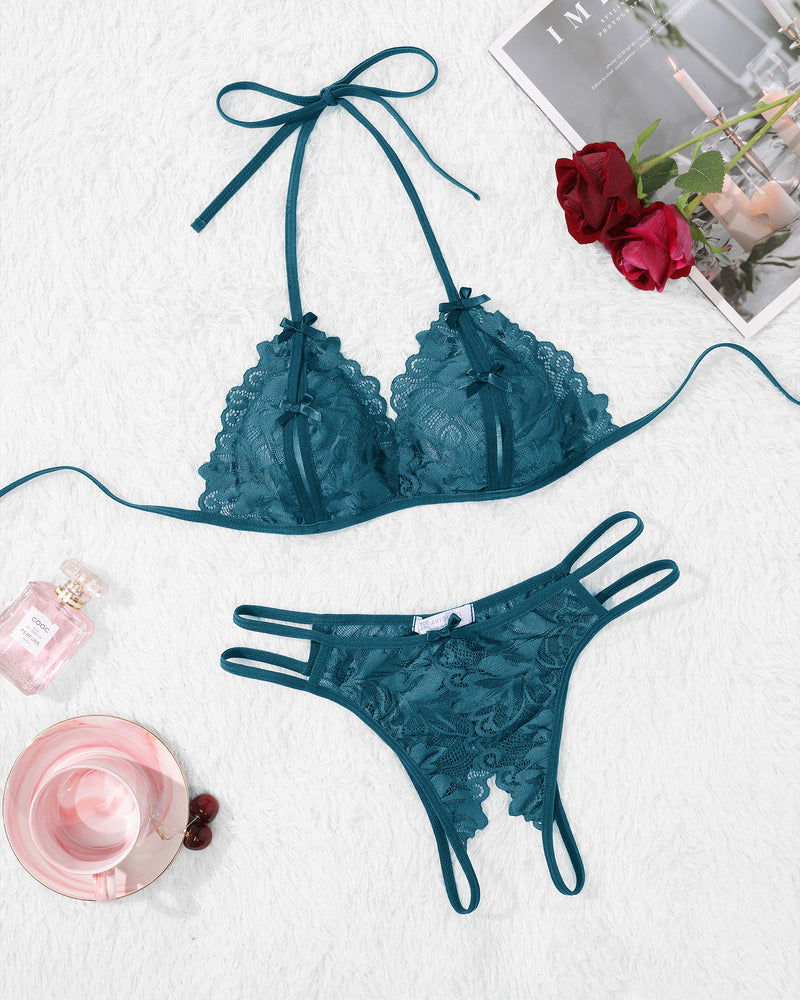 Teal lace halter bra and matching lace thong set with tie straps