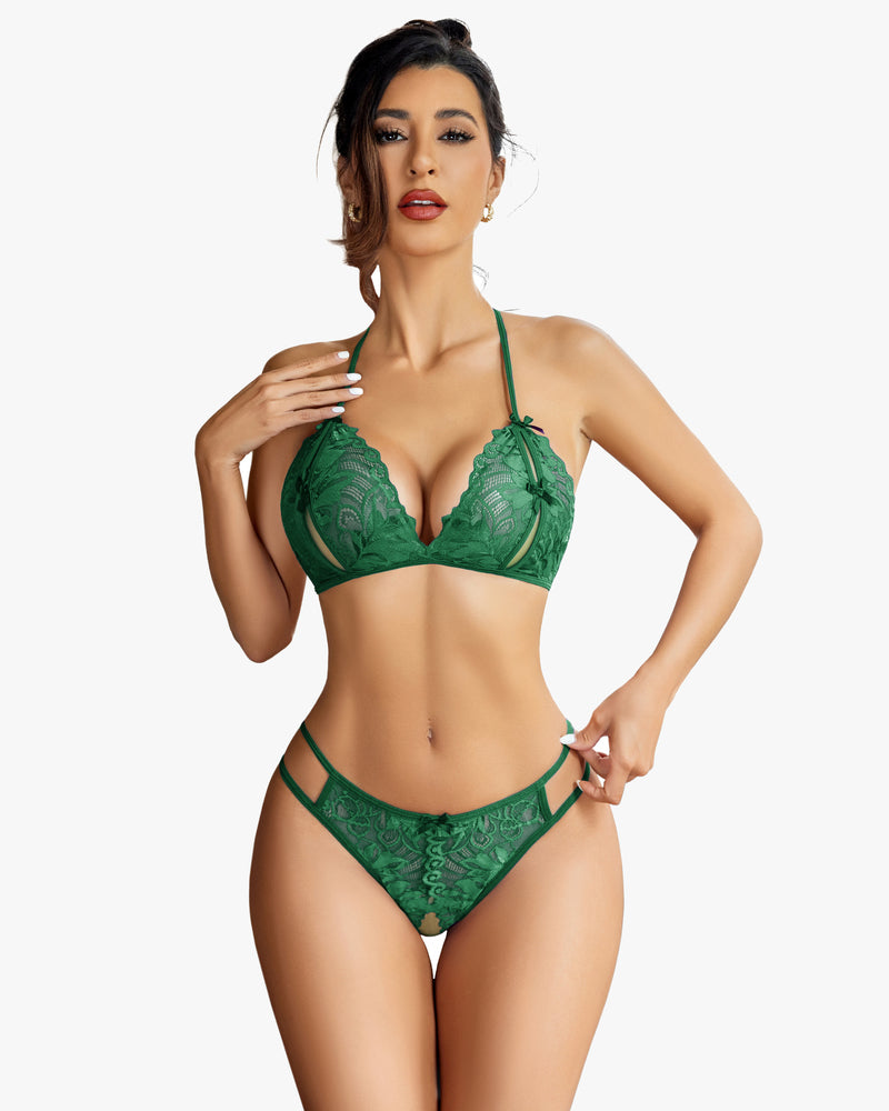 Green lace halter bra and matching lace panty set with scalloped trim
