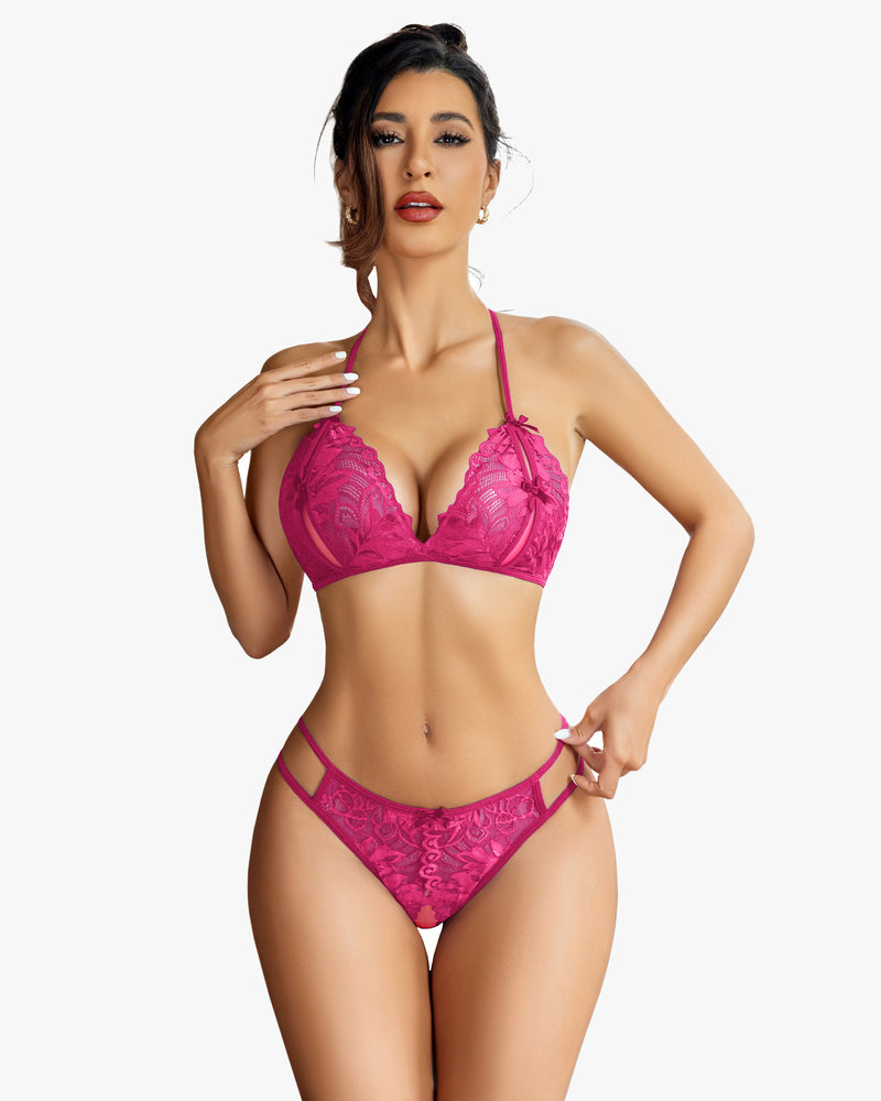 Magenta lace halter bra and matching lace panty set with scalloped edges