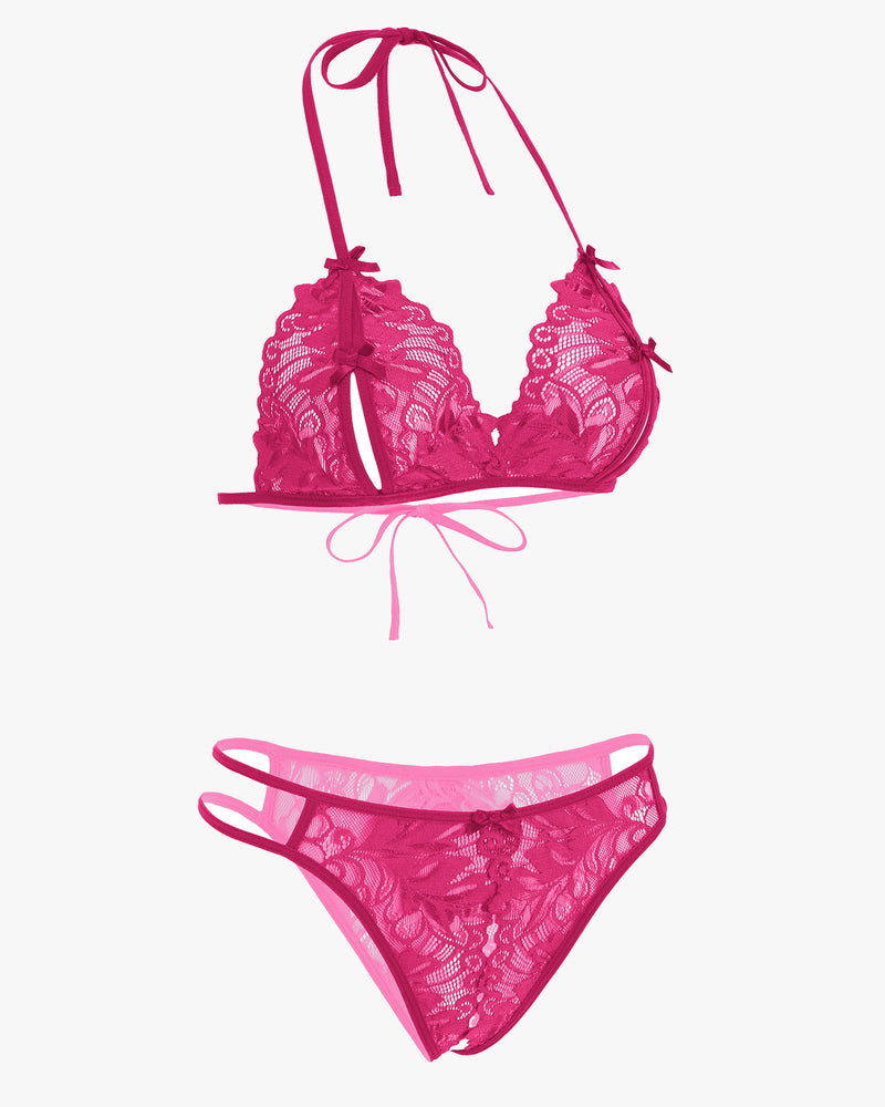 Fuchsia lace halter bra and matching lace panty set, tie-string straps