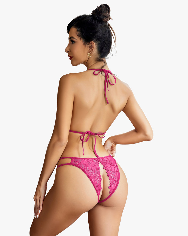 Magenta lace halter bra and matching lace panty set from the back, tie straps