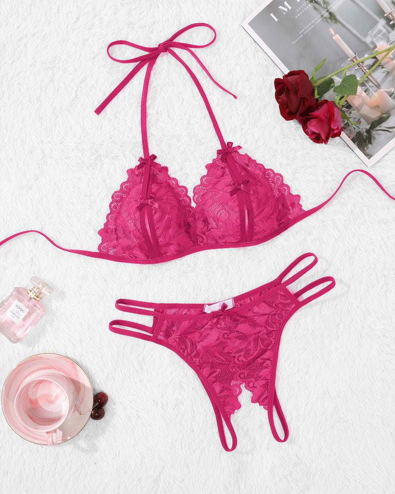 Lace halter bra and matching panty set, fuchsia/pink, bow tie straps