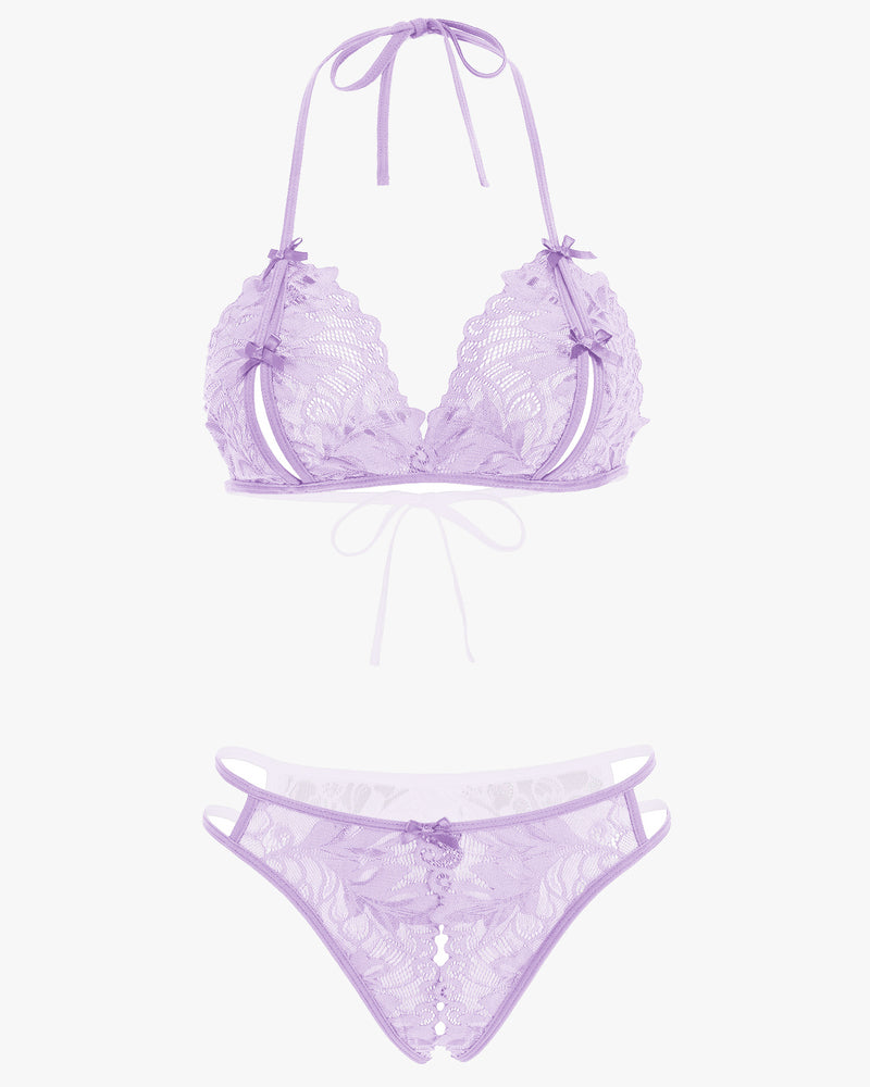 Lavender lace halter bra and matching lace panty set, tie-neck and side straps