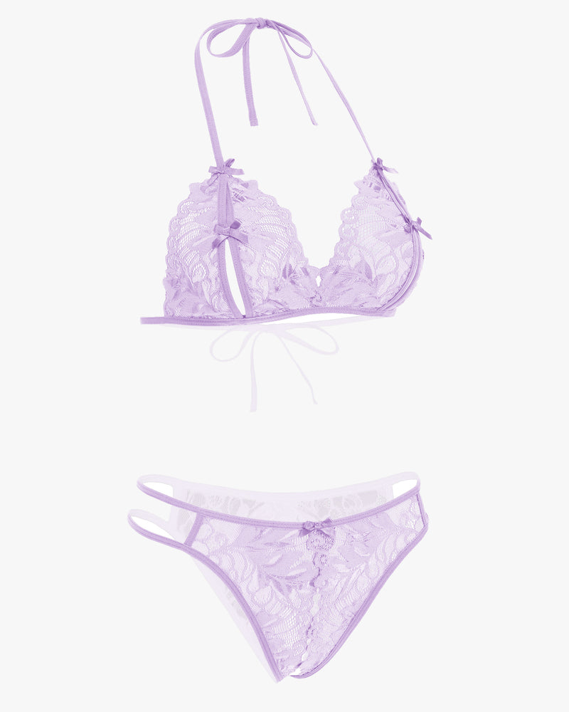 Lavender lace halter bra and matching lace panty set with ribbon ties