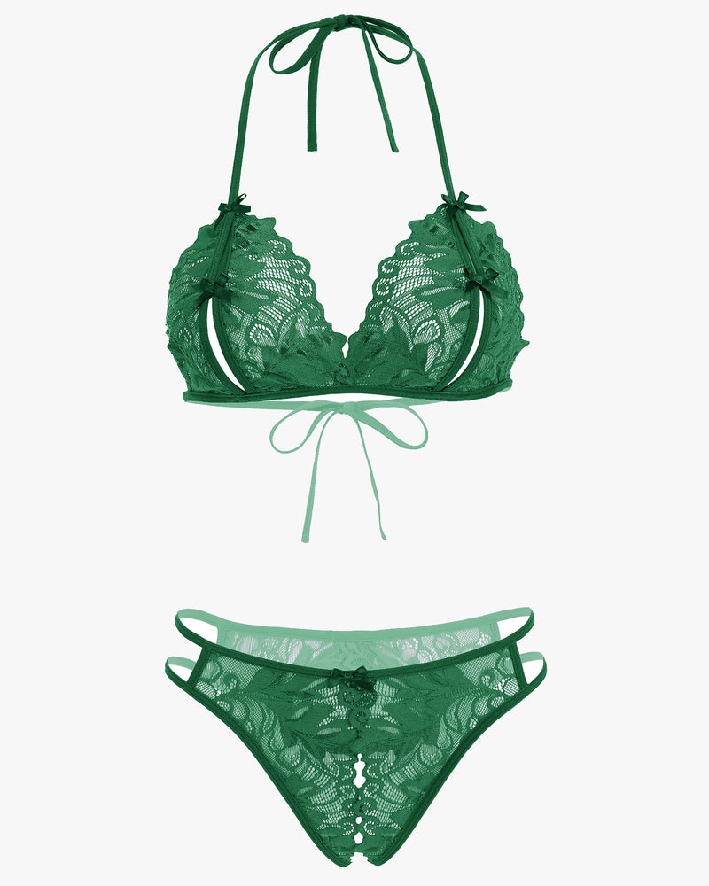 Green lace halter bra and matching lace thong set, scalloped trim and tie straps
