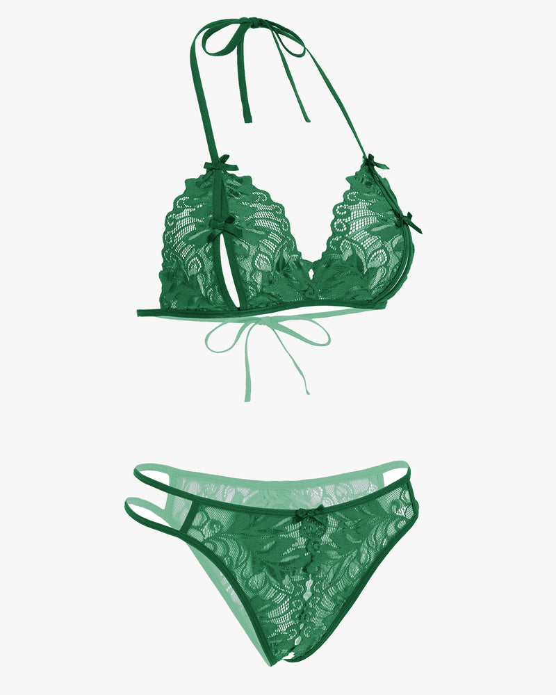 Lace halter bra and matching panty set, dark green, tie-front straps