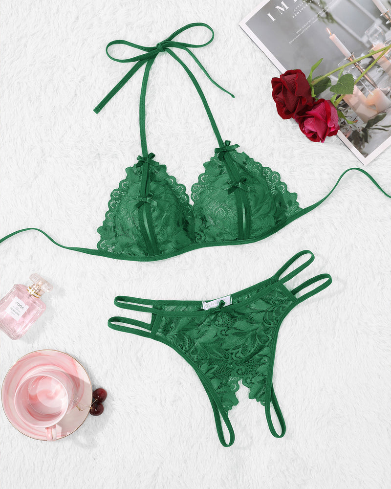 Green lace halter bra and matching lace thong set with bow tie straps