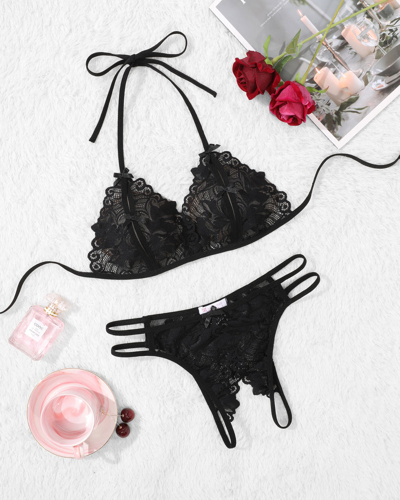 Black halter lace bra and thong panty set with bow tie straps and scalloped lace trim
