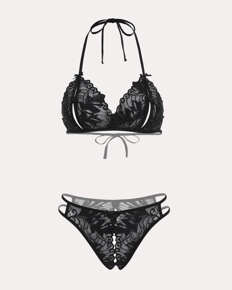 Black halter lace bra and panty set, bow tie halter straps with matching lace thong