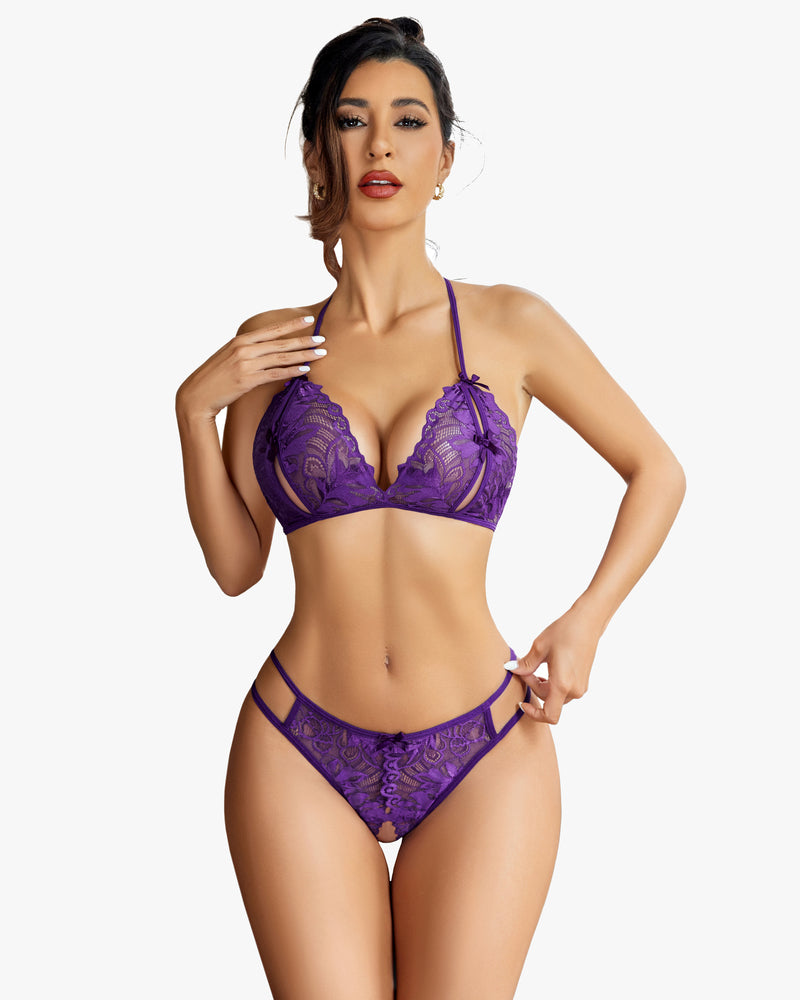 Purple halter lace bra and thong panty set on model, front view with matching tie straps