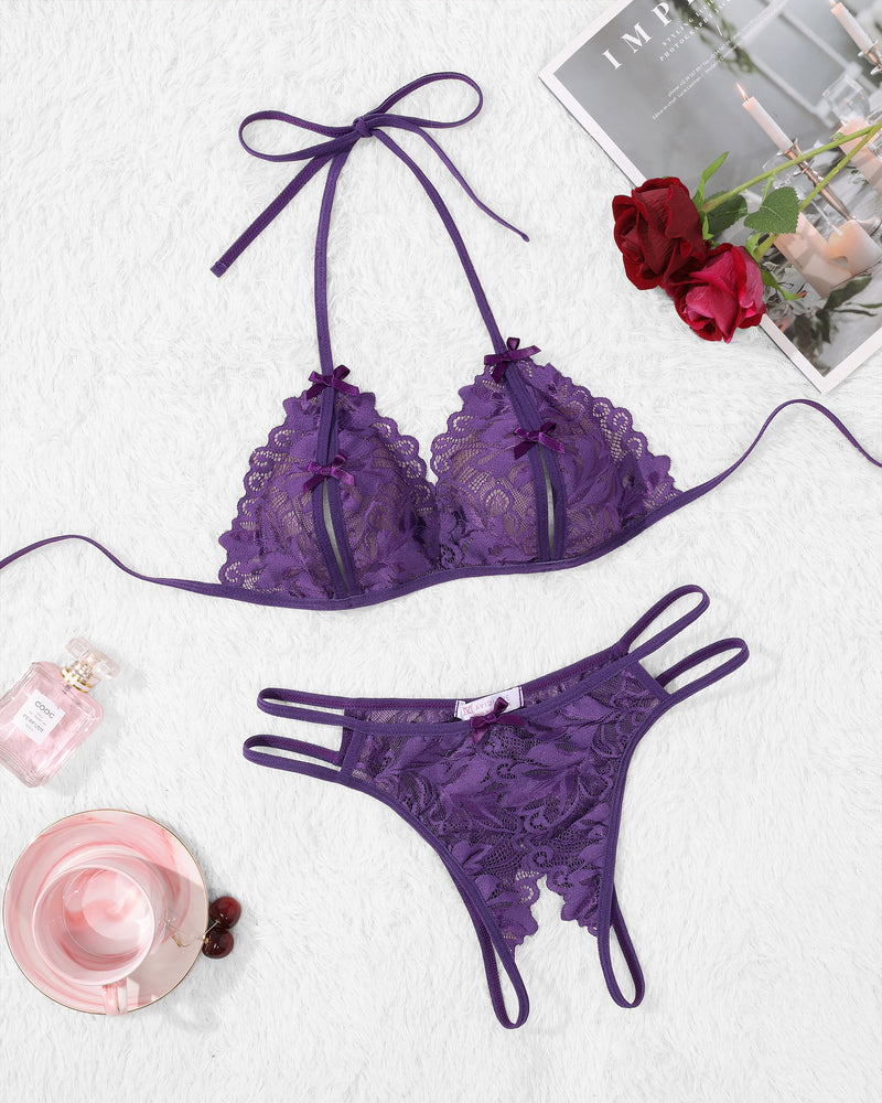 Purple halter lace bra and thong panty set with bow tie halter straps and lace edging