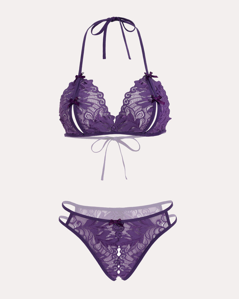 Purple halter lace bra and panty set, tie halter straps with matching lace thong