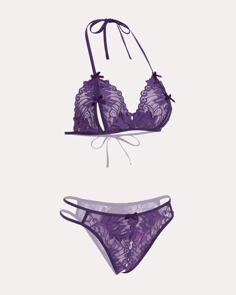 Purple halter lace bra and panty set with lace triangle thong and tie halter straps