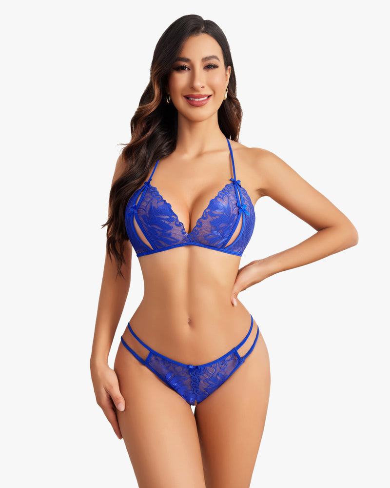 Blue lace halter bra and matching panty set with thin tie straps