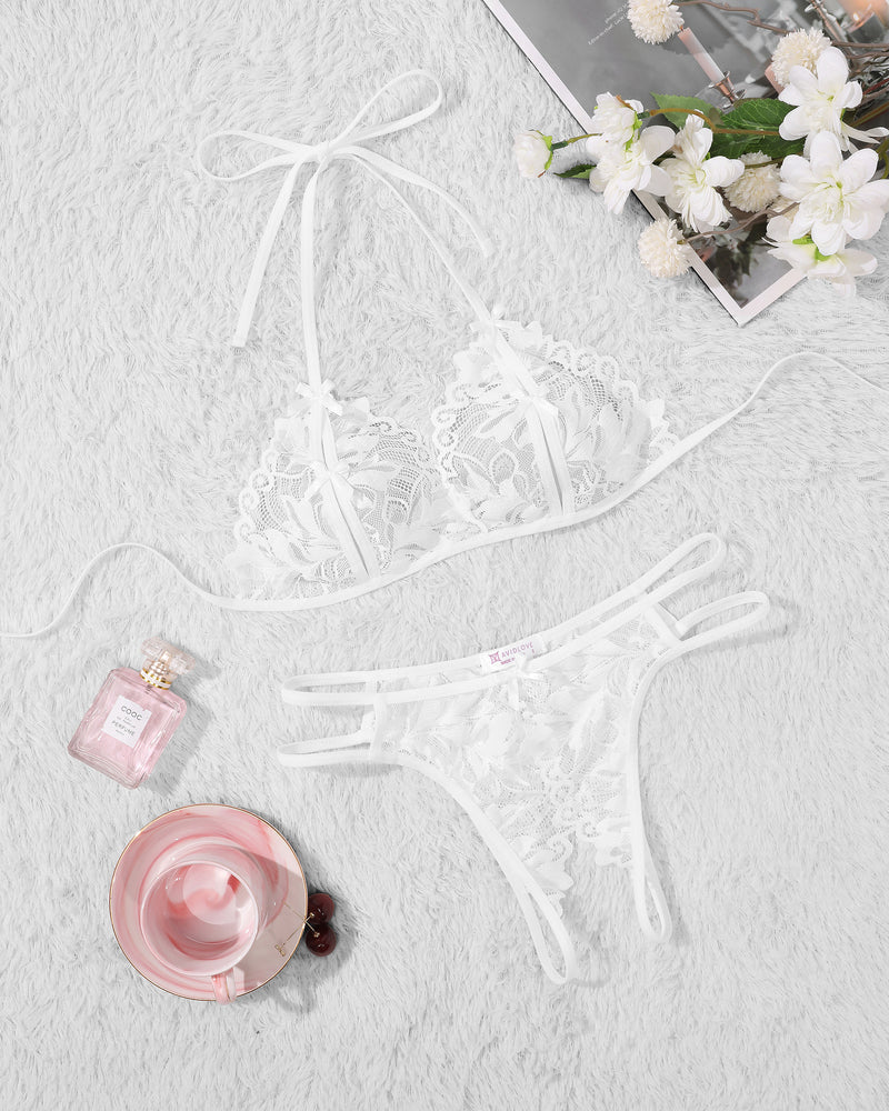 White halter lace bra and thong panty set with bow tie straps and floral lace details