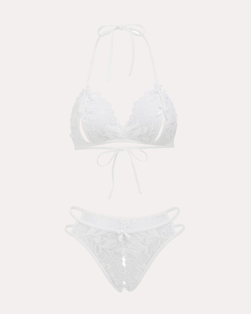 White halter lace bra and panty set, bow tie halter bra with matching lace thong