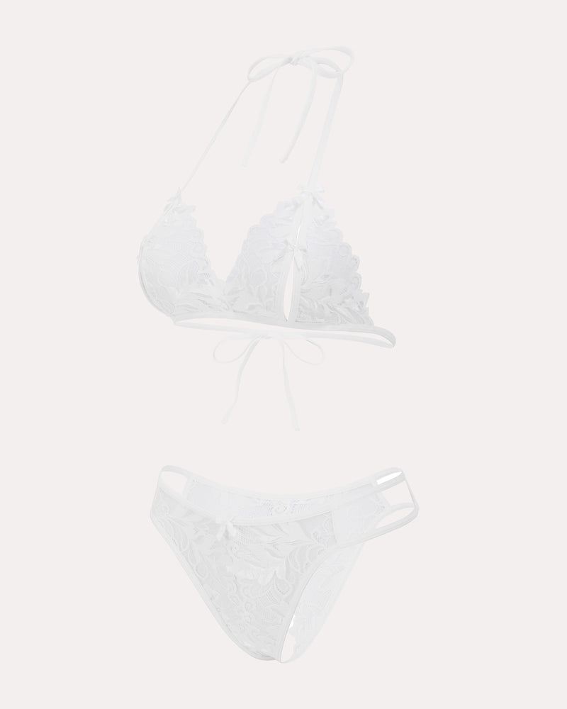 White lace halter bra and matching panty set, bow-tie straps