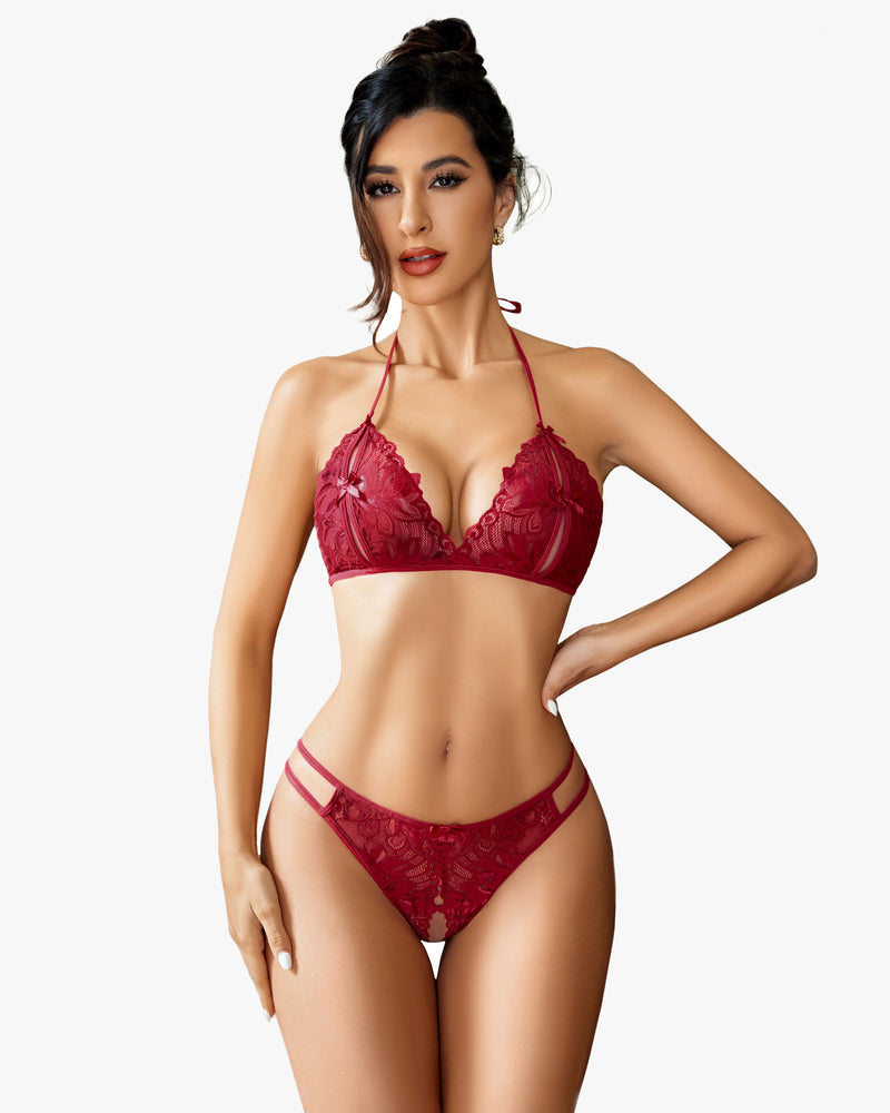 Wine red lace halter bra and matching panty set with scalloped edges
