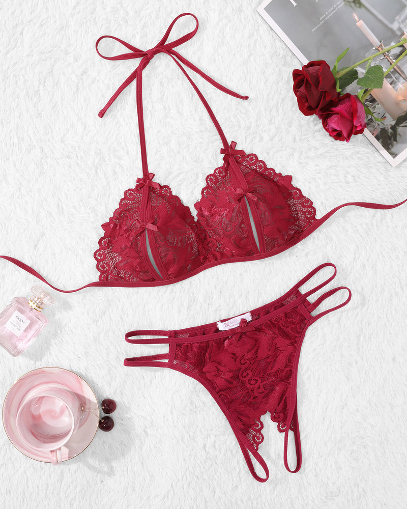 Wine red lace halter bra and panty set, lingerie flat lay with bows