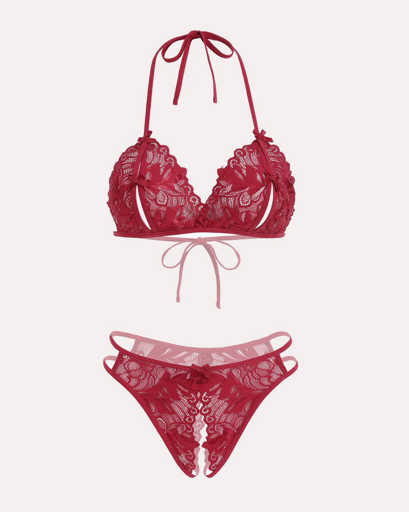 Wine red lace halter bra and panty set, bra top with tie straps