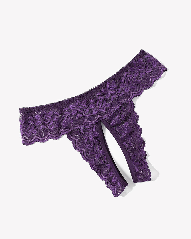 Lace low-rise soft hipsters, purple floral lace, scalloped lace edges