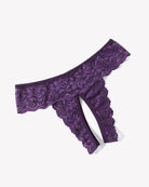 Lace low-rise soft hipsters, purple floral lace, scalloped lace edges