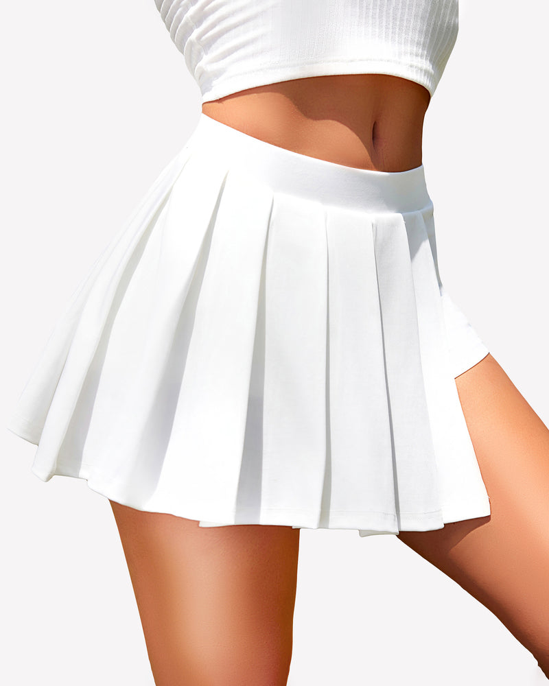 White pleated mini skirt with smooth waistband and stacked pleats