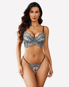 Blue floral lace bra and panty set with scalloped trim and thin straps