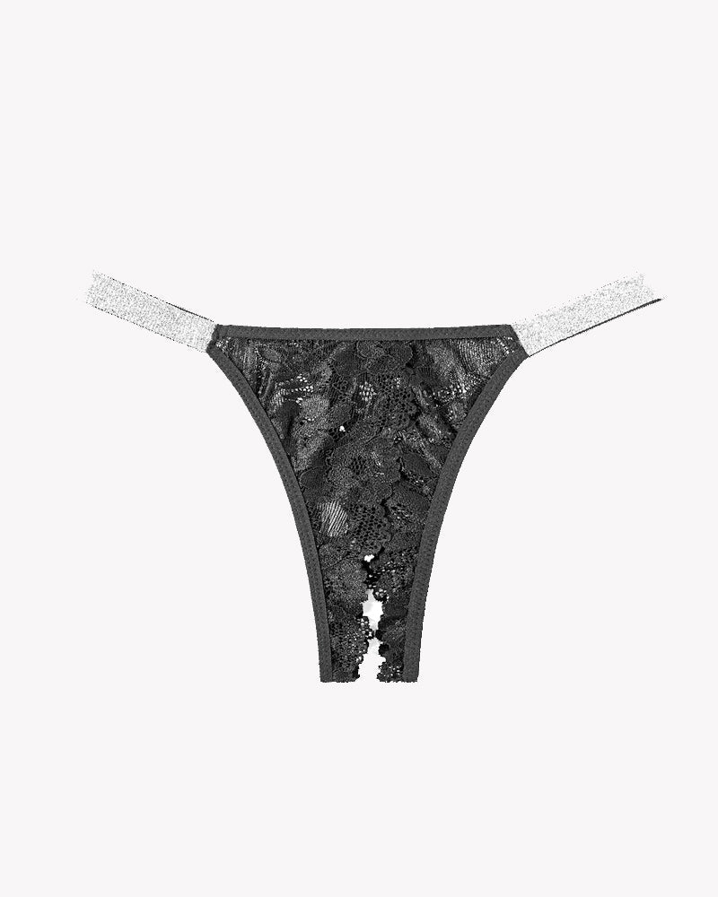Black lace low-rise panties with glitter trim straps