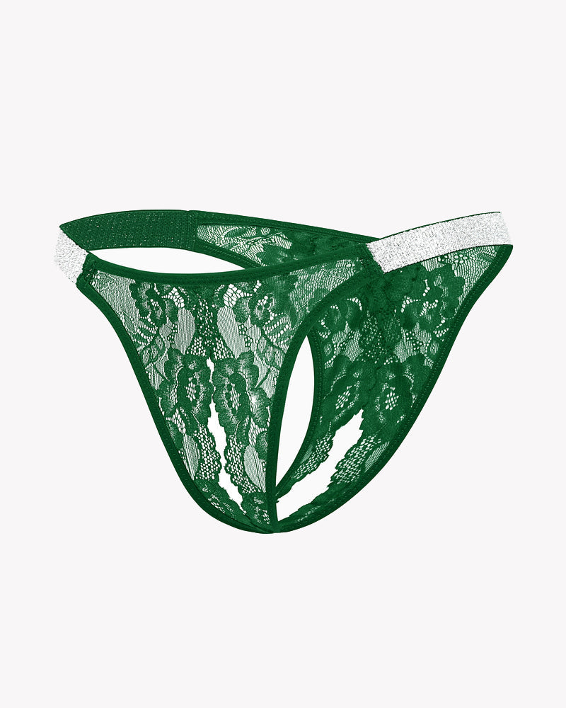 Green lace low-rise thong-style panties with glitter trim straps